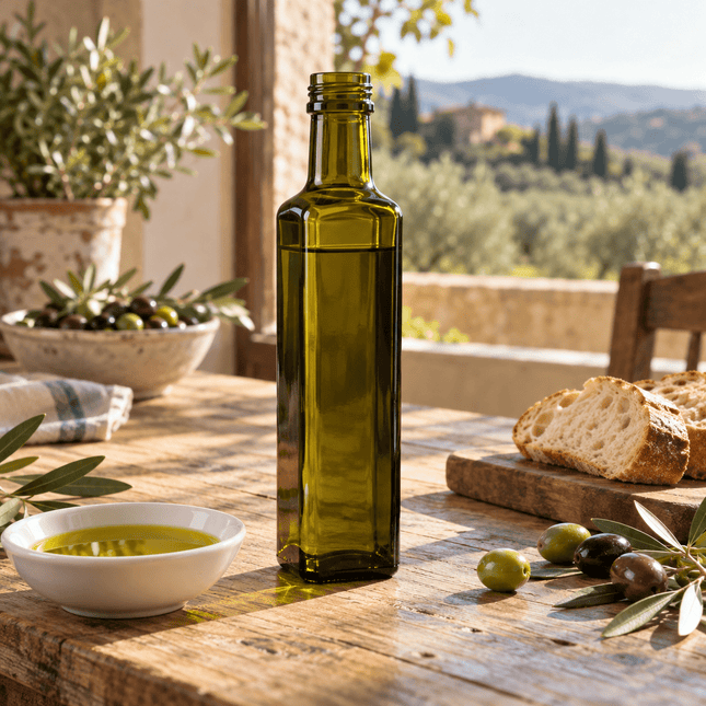 Bottiglia Marasca verde con olio su tavolo rustico, accanto a pane e olive