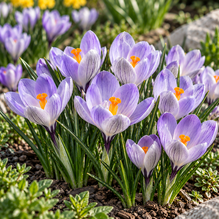 Crocus Vanguard fioriti in giardino con petali lilla e sfumature argentate