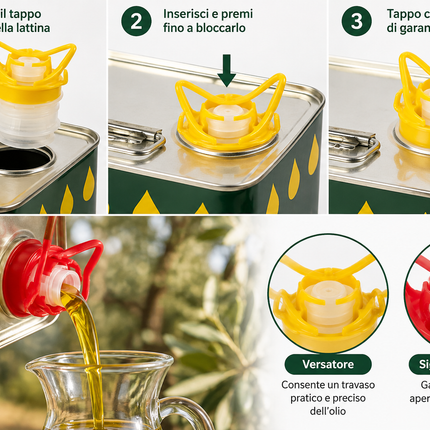 Illustrazione del montaggio del tappo versatore da 42 mm con sigillo di garanzia su lattina per olio e travaso in caraffa