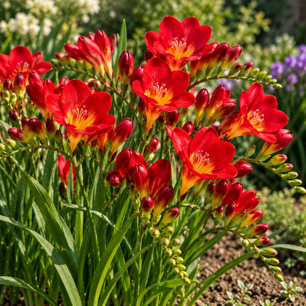 Fresie semplici rosse in fiore coltivate in giardino