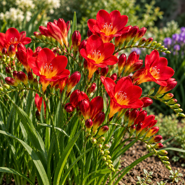 Fresie semplici rosse in fiore coltivate in giardino