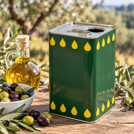 Lattina verde per olio da 3 e 5 litri senza tappo su tavolo in legno, accanto a olio extravergine di oliva e olive