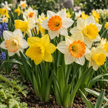 Narcisi Large Cupped Mix fioriti in un'aiuola primaverile con fiori gialli e bicolore
