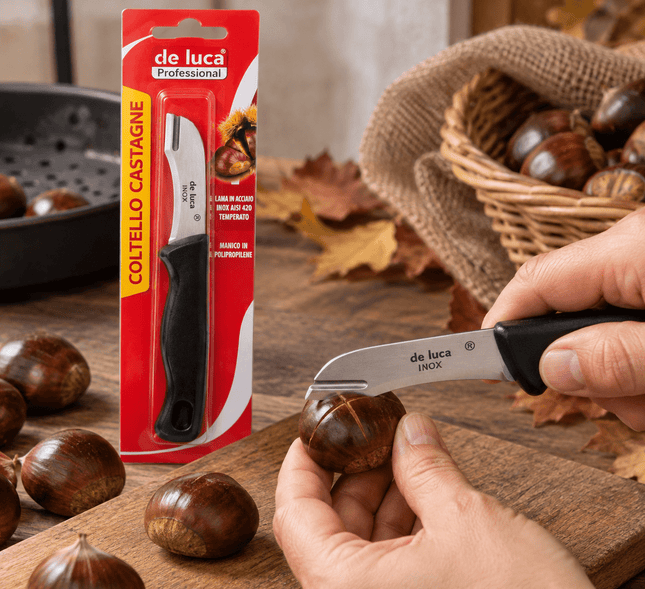 Coltello per castagne De Luca utilizzato per incidere la buccia di una castagna prima della preparazione delle caldarroste