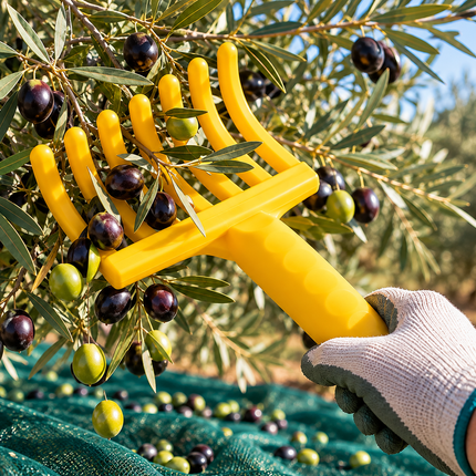 Cogliolive manuale STEA giallo a 9 dita utilizzato per raccogliere olive dai rami con rete di raccolta verde sottostante