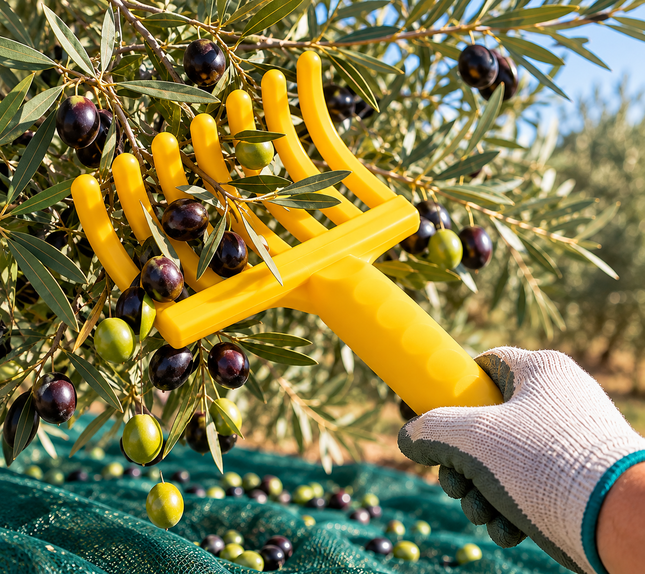 Cogliolive manuale STEA giallo a 9 dita utilizzato per raccogliere olive dai rami con rete di raccolta verde sottostante