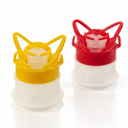 Tappi per lattina olio da 42 mm con versatore e sigillo di garanzia, colori giallo e rosso, per contenitori in banda stagnata