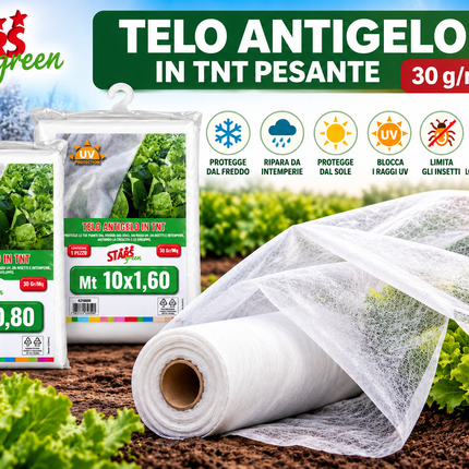 Telo antigelo TNT pesante STARS Green 30 g/m², disponibile in 10 × 80 cm e 10 × 160 cm, con copertura di ortaggi contro freddo, intemperie, sole e raggi UV.