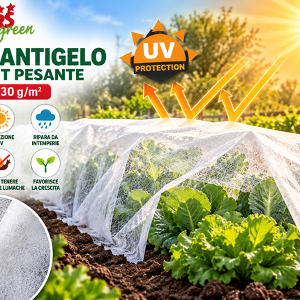 Telo antigelo TNT STARS Green 30 g/m² stabilizzato UV, steso su ortaggi e piante nell'orto durante una giornata di sole intenso.