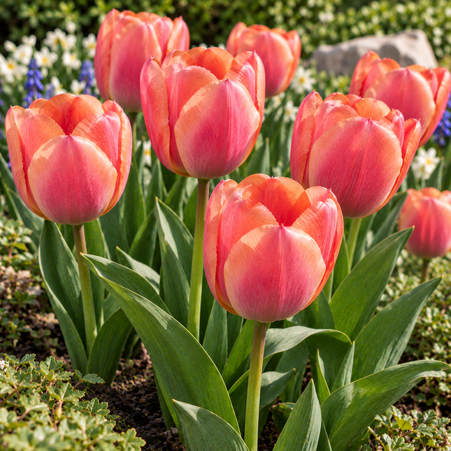 Tulipani Mystic Van Eijk rosa corallo fioriti in un'aiuola primaverile