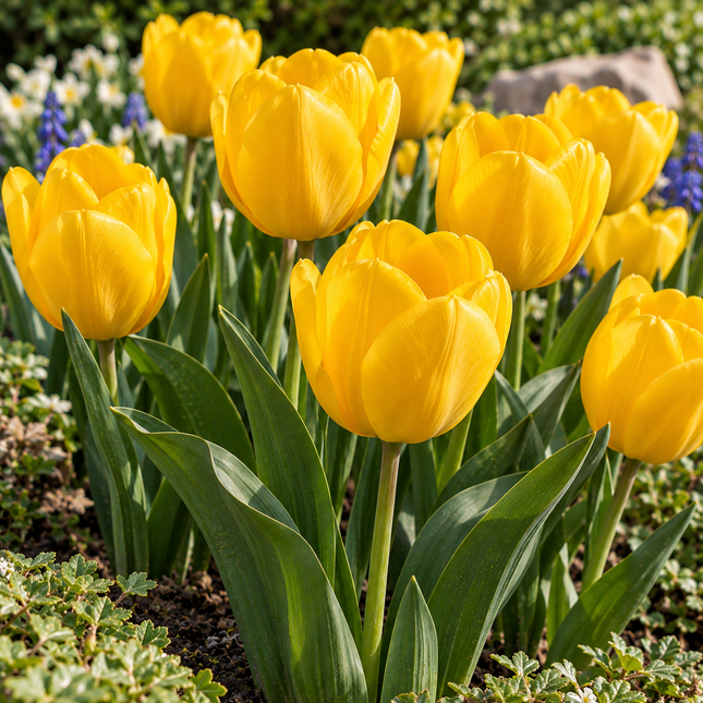 Tulipani Golden Apeldoorn gialli fioriti in un'aiuola primaverile