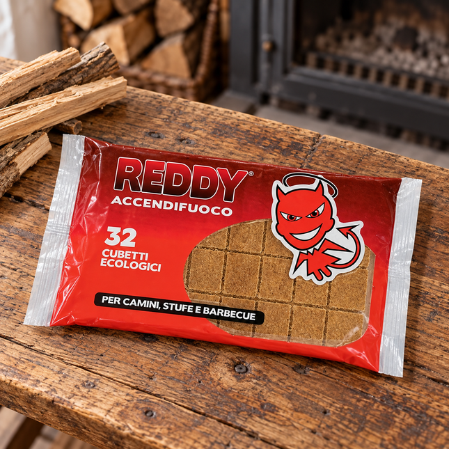 Confezione Reddy da 32 cubetti accendifuoco ecologici su un piano in legno vicino al camino.