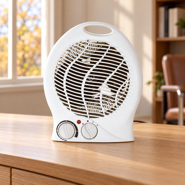 Termoventilatore da tavolo Cortina Effe bianco su un mobile in legno in un ambiente domestico.