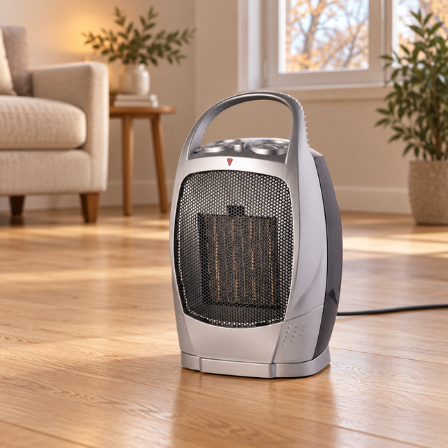 Termoventilatore ceramico Corvara Effe su pavimento in legno in un soggiorno.